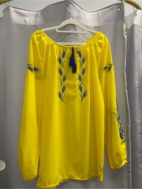 Yellow Embroidered Peasant Blouse with Blue Tassel